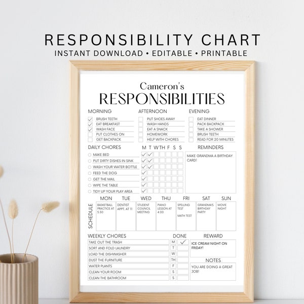 Responsibility Chart for Kids Chore Chart EDITABLE Reward Chart Daily Weekly Chores Child Schedule Planner Good Behavior To Do List Print