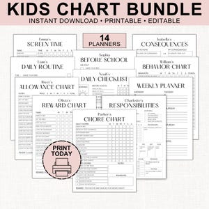 Chore Charts for Kids Editable Teen Responsibility Chart School Checklist Allowance Screen Time Behavior Consequence Reward Charts Bundle