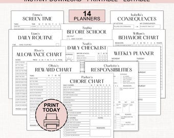 Tablas de tareas para niños Tabla de responsabilidades editable para adolescentes Lista de verificación escolar Tiempo de pago Tiempo de pantalla Tablas de consecuencias de comportamiento Paquete