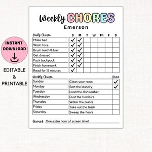 Chore Chart for Kids PRINTABLE Kid&#39;s Chore Chart EDITABLE Chore Chart for Kids Daily Weekly Responsibility Chart Kid Routine Chart Checklist