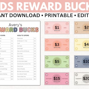 Editable Kids Reward Bucks PRINTABLE Reward Chart for Kids Reward Coupons Chore Chart Bucks System Responsibility Chart Kids Play Money