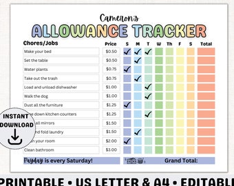 Toelage Tracker voor kinderen Hoe u geld kunt verdienen Grafiek BEWERKBARE Toelage klusjesgrafiek AFDRUKBARE Verantwoordelijkheidsgrafiek Beloningsgrafiek voor kinderen PDF