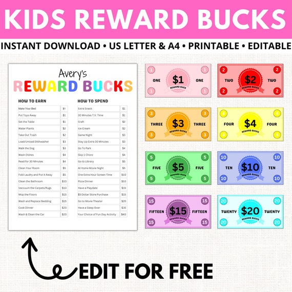 Editable Kids Reward Bucks PRINTABLE Reward Chart for Kids Reward Coupons Chore Chart Bucks System Responsibility Chart Kids Play Money