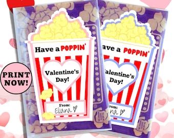 Etiqueta de palomitas de maíz para San Valentín imprimible Tarjeta del día de San Valentín Niños Escuela Aula Niño Niña Poppin Valentine Etiqueta de bolsa de palomitas de maíz Descarga instantánea