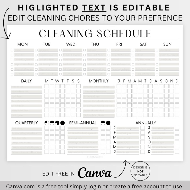 EDITABLE Cleaning Schedule PRINTABLE Cleaning Household Adult Chore ...