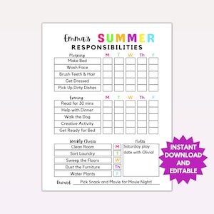 Editable Chore Chart for Kids Printable Chore Chart Daily& Weekly Responsibility Task Summer Routine Reward Teen Instant Download To Do List