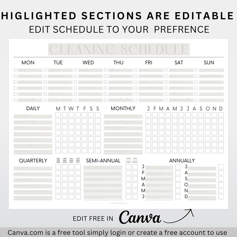 EDITABLE Cleaning Schedule PRINTABLE Cleaning List Household Chore