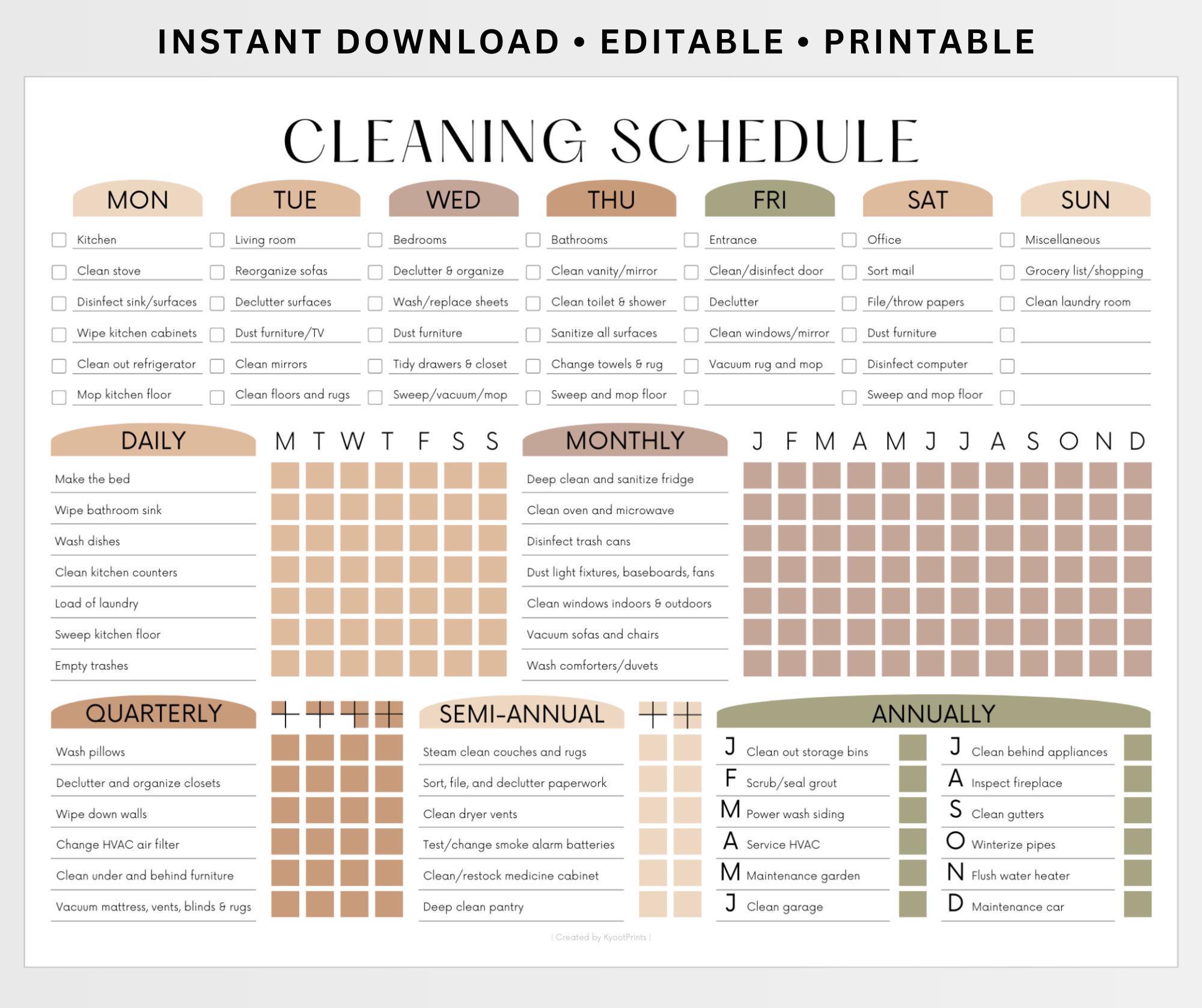 EDITABLE Cleaning Schedule PRINTABLE Cleaning List Household Chore ...