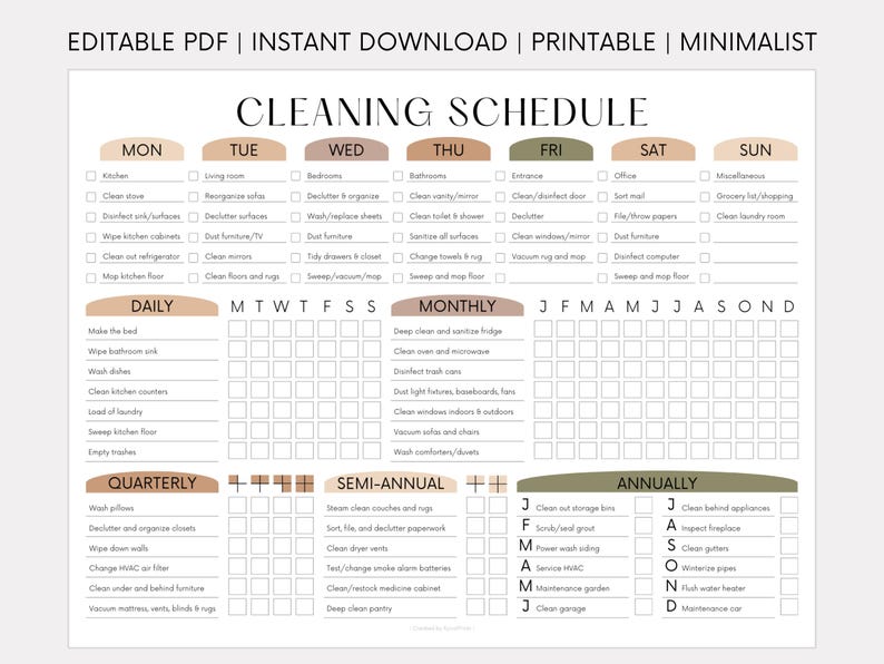 EDITABLE Cleaning Checklist PRINTABLE Cleaning Schedule List Household ...