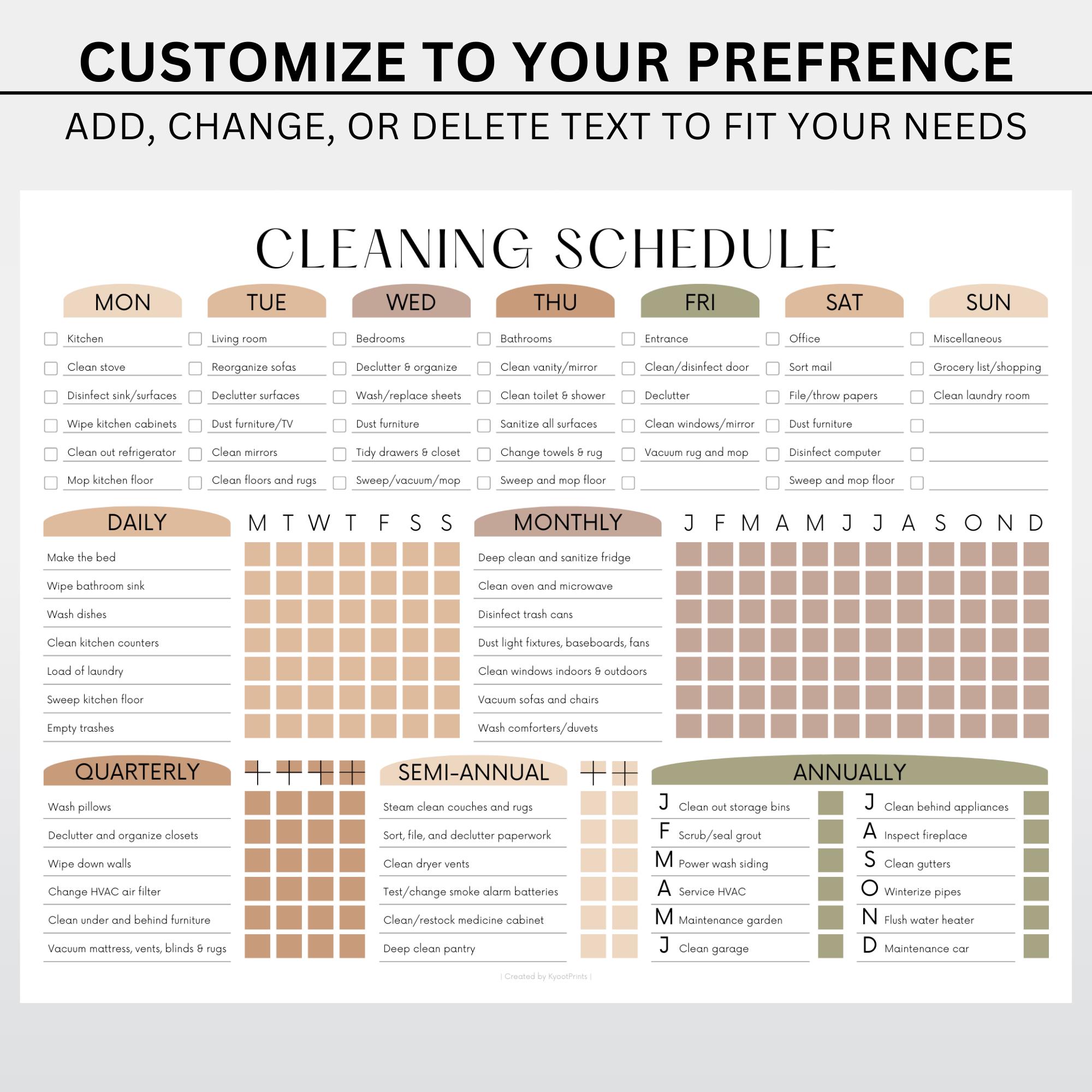EDITABLE Cleaning Schedule PRINTABLE Cleaning List Household Chore ...