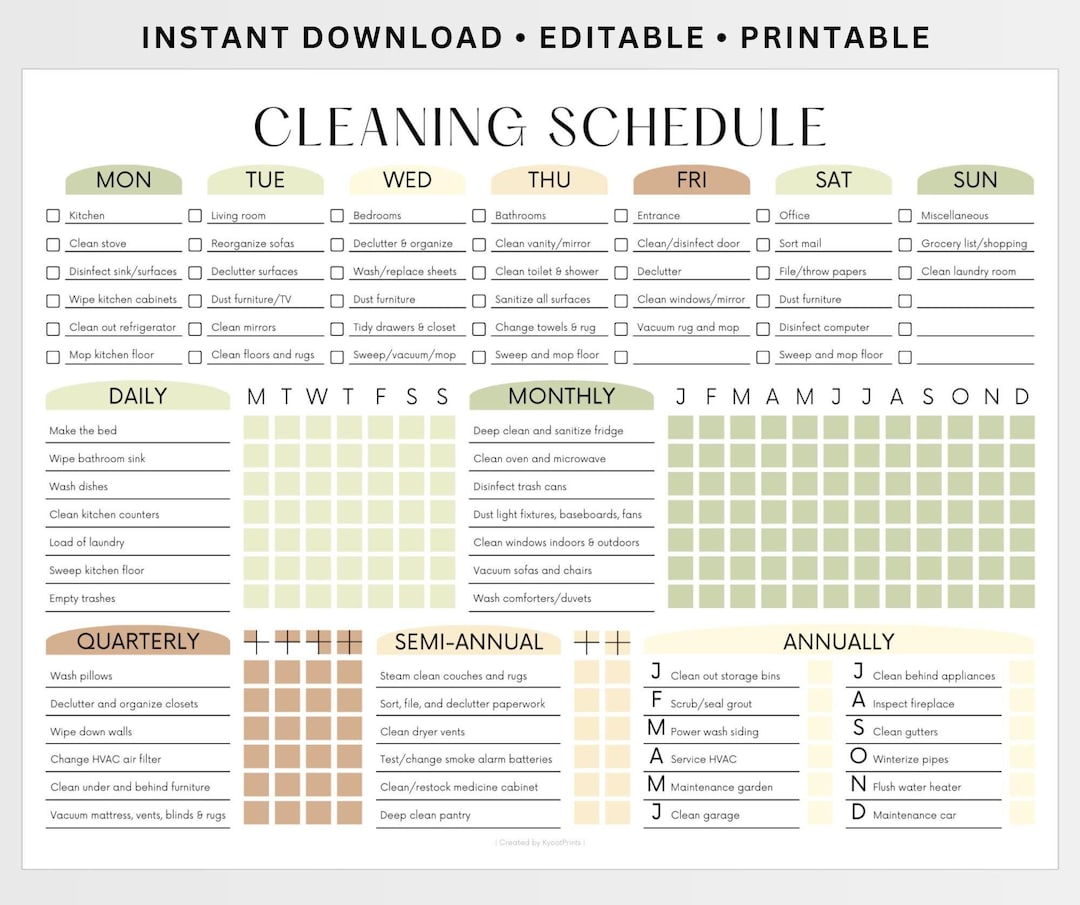 EDITABLE Cleaning Schedule PRINTABLE Cleaning List Household Chore ...