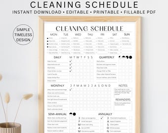 May include: A printable cleaning schedule checklist with a black and white design. The checklist includes daily, weekly, monthly, quarterly, semi-annual, and annual tasks. The checklist is divided into sections for each day of the week and each month of the year. The checklist also includes a notes section and a reminders section.