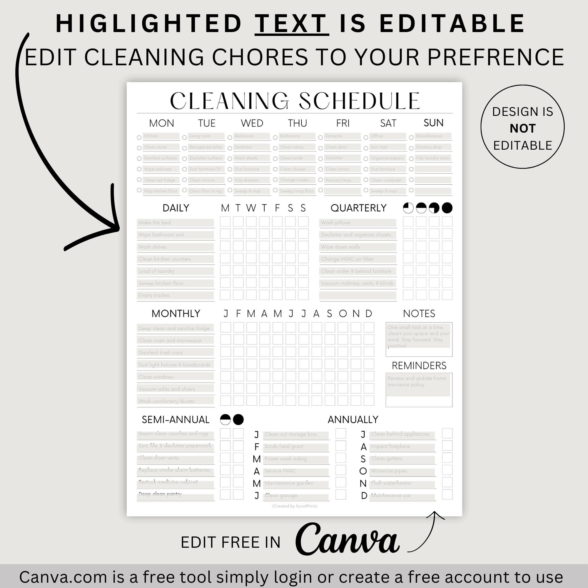 EDITABLE Cleaning Schedule PRINTABLE Cleaning Household Chore Chart ...