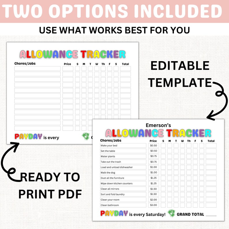 How to Earn Money Chart for Kids Allowance Tracker EDITABLE Allowance
