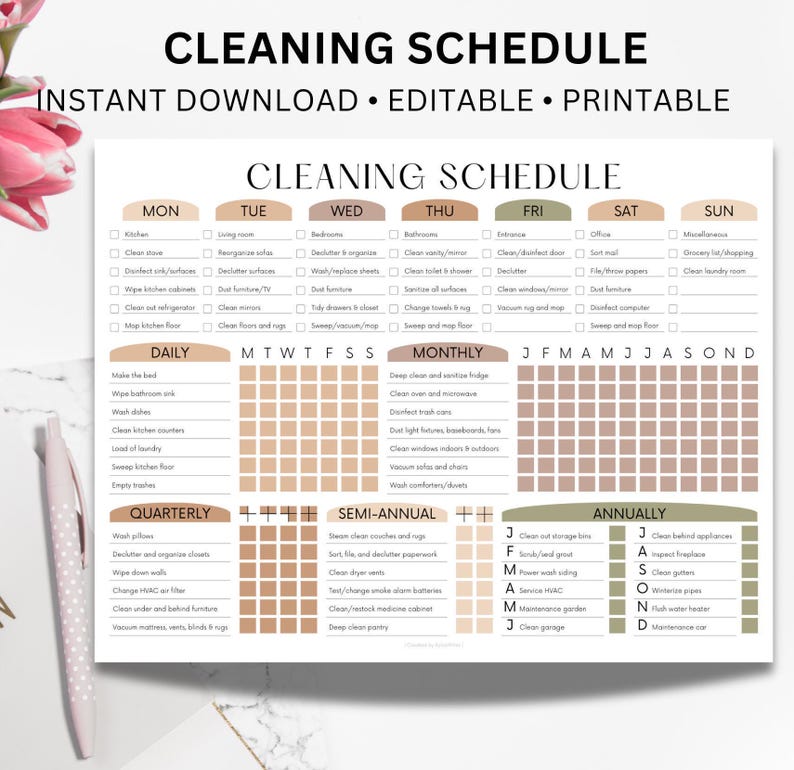 EDITABLE Cleaning Schedule PRINTABLE Cleaning List Household Chore ...