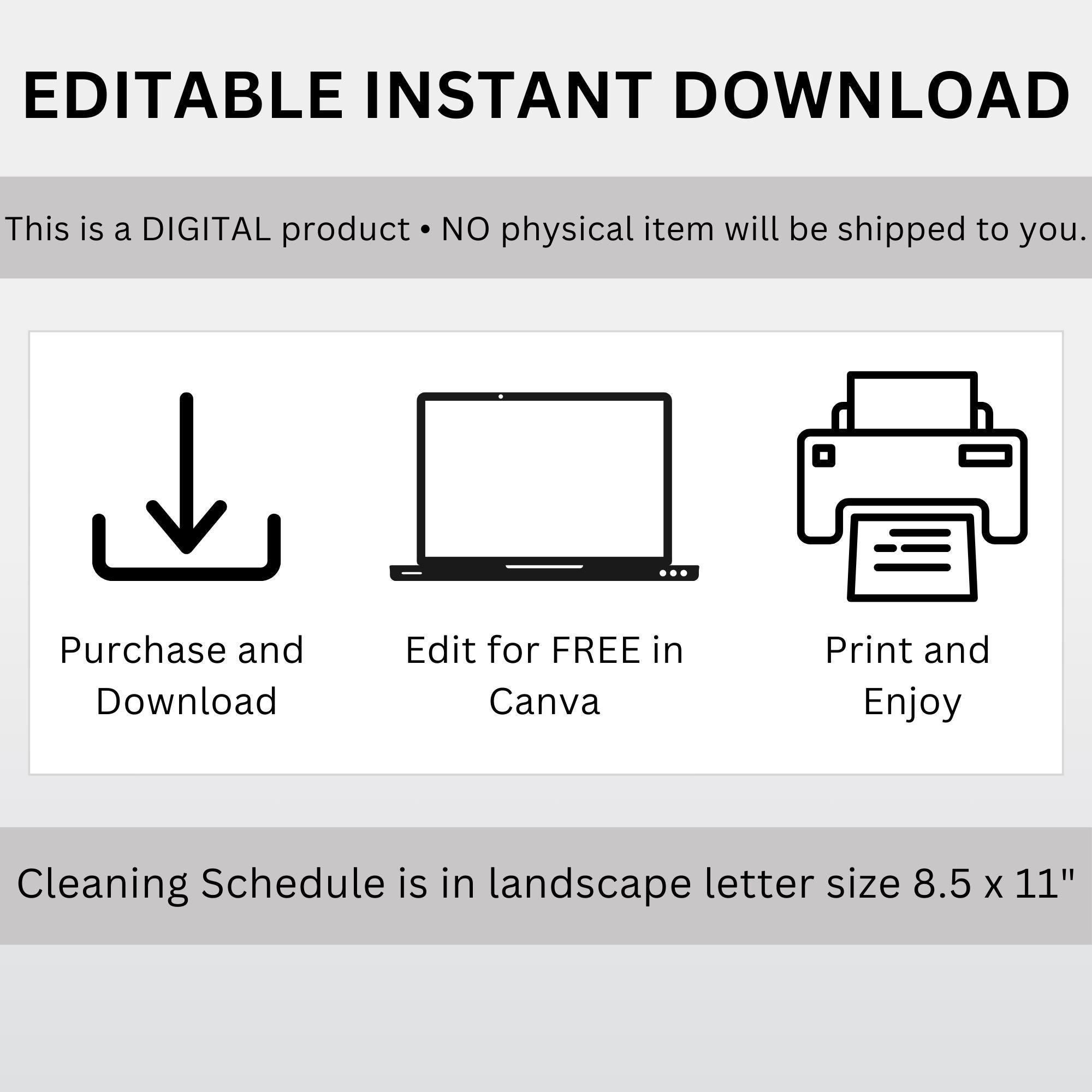EDITABLE Cleaning Schedule PRINTABLE Cleaning List Household Chore ...