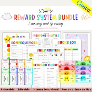 May include: A colorful printable reward system bundle with the text "Ultimate Reward System Bundle" and "Learning and Growing". Includes charts, reward bucks, and reward coupons. The bundle is designed to be fun and easy to use.