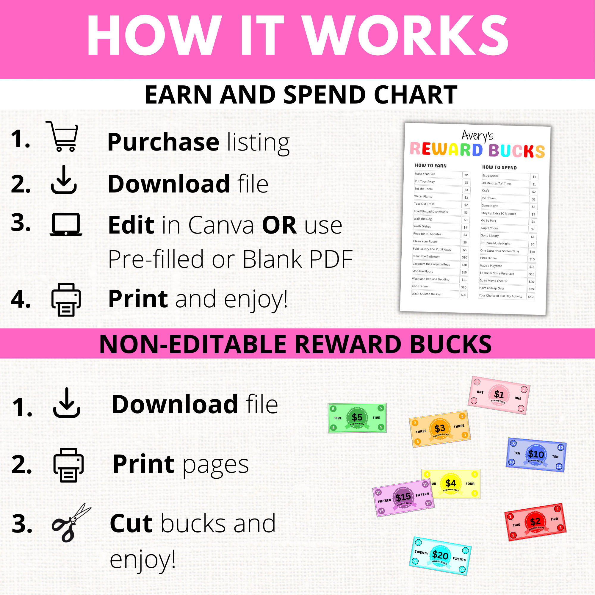 Editable Kids Reward Bucks PRINTABLE Reward Chart for Kids Reward ...
