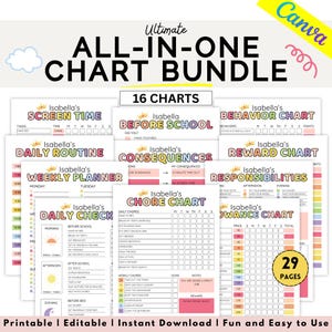 Könnte beinhalten: Ein farbenfrohes Bundle mit 16 druckbaren Diagrammen, darunter Bildschirmzeit-, Tagesablauf- und Aufgaben-Diagramme. Die Diagramme sind für Kinder konzipiert und tragen den Text "Isabella's" in einer verspielten Schriftart. Das Bundle umfasst 29 Seiten.