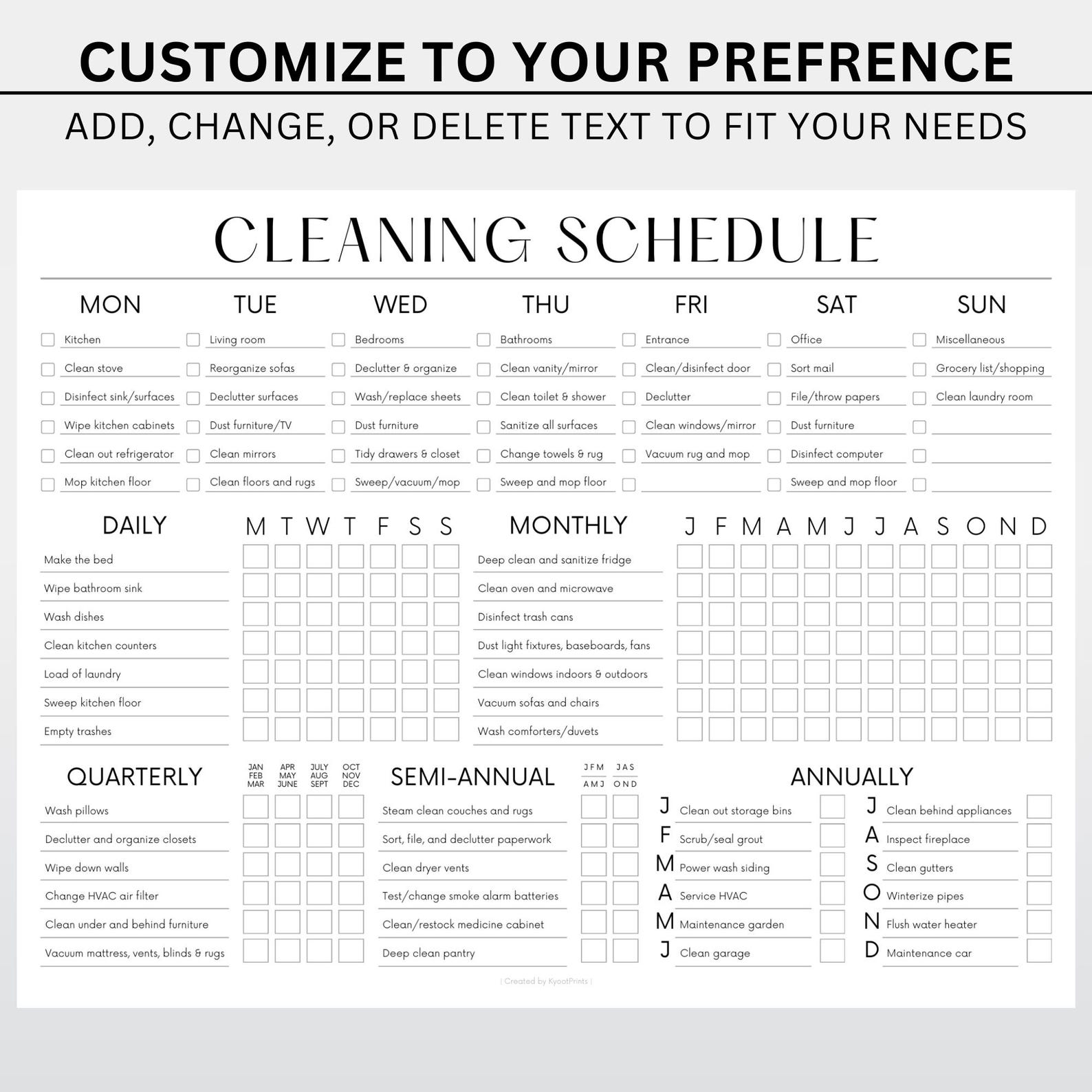 EDITABLE Cleaning Schedule PRINTABLE Cleaning List Household Chore ...