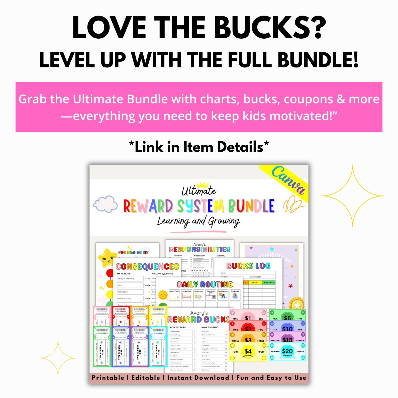 Editable Kids Reward Bucks PRINTABLE Reward Chart for Kids Reward ...