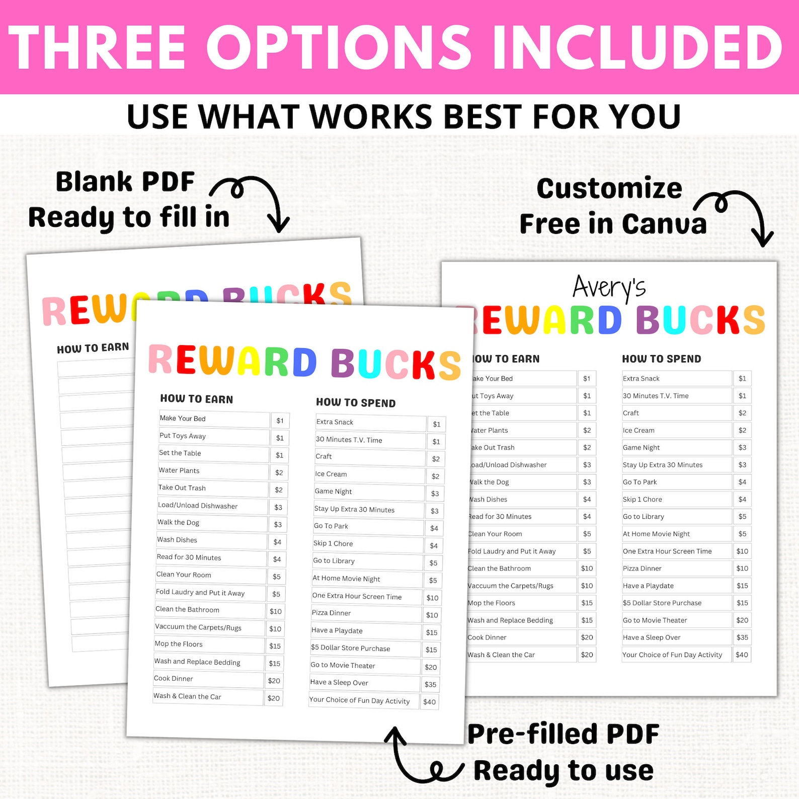 Editable Kids Reward Bucks PRINTABLE Reward Chart for Kids Reward ...