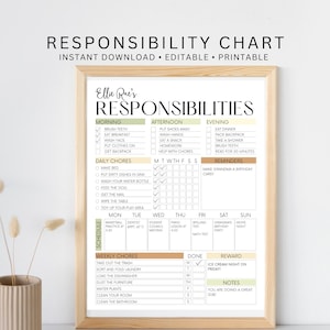 Könnte beinhalten: Ein druckbarer Verantwortungs-Chart für Kinder mit einem grün-braun-weißen Farbschema. Der Chart enthält Abschnitte für Morgen-, Nachmittag- und Abendverantwortungen sowie für tägliche Aufgaben, wöchentliche Aufgaben und einen Zeitplan. Der Chart enthält auch einen Abschnitt für Belohnungen und Notizen.