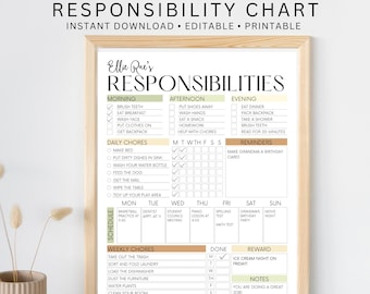 May include: A printable responsibility chart for kids with a green, brown, and white color scheme. The chart includes sections for morning, afternoon, and evening responsibilities, as well as daily chores, weekly chores, and a schedule. The chart also includes a section for rewards and notes.