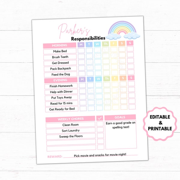 Chore Chart for Kids Responsibility Chart Printable Kid's Chores Schedule Weekly Checklist Reward Chart To Do List Editable Planner School