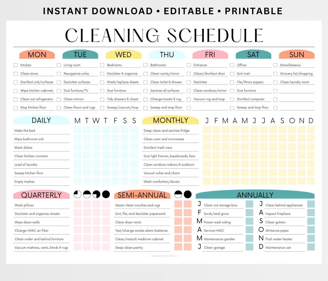 EDITABLE Cleaning Schedule PRINTABLE Cleaning Checklist Household Chore ...