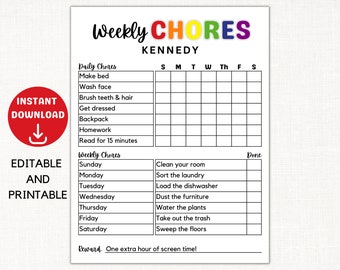 Chore Chart for Kids Printable Kids Chore Chart Editable Chore Chart for Kids Daily Weekly Responsibility Chart Kids Routine Chart Checklist