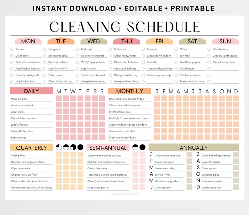EDITABLE Cleaning Schedule PRINTABLE Cleaning List Household Chore ...