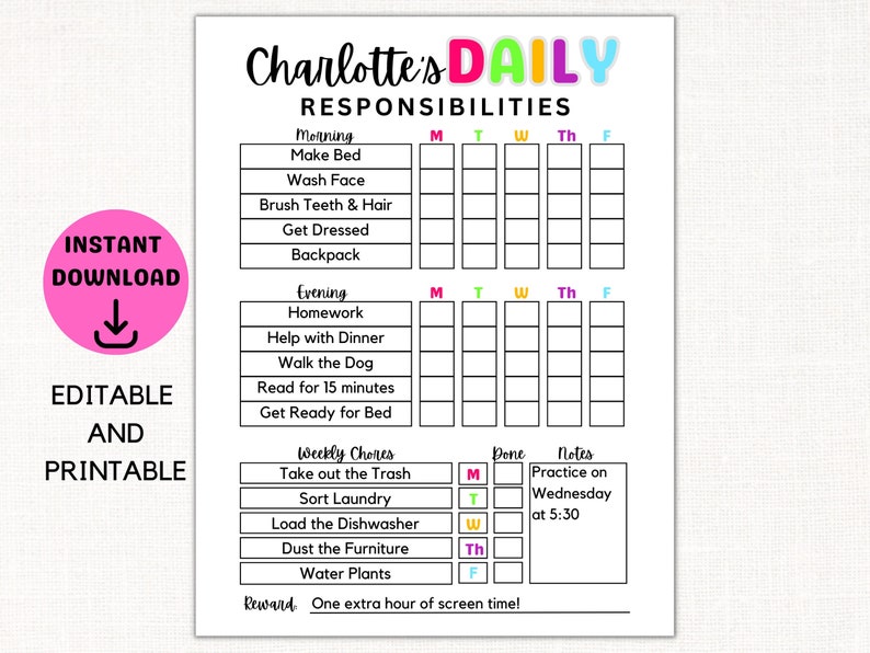 EDITABLE Chore Chart for Kids Responsibility Chart Kids Daily Checklist ...