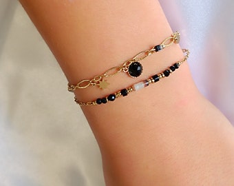 Bracelet femme double chaines acier inoxydable et perles noires