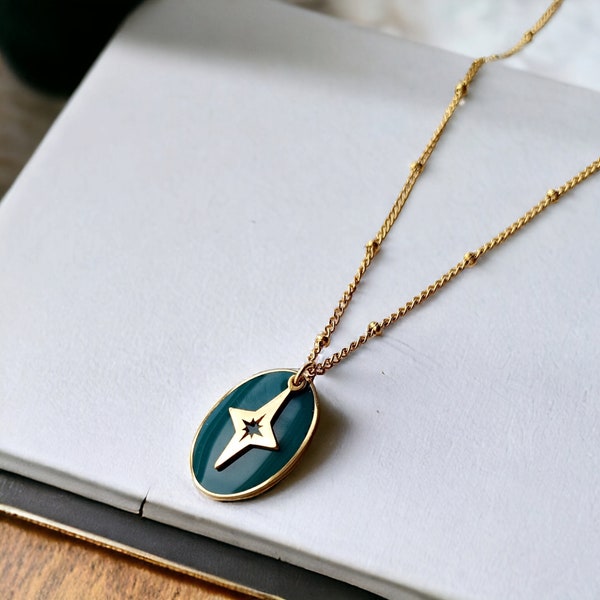 collier femme acier doré pendentif ovale email turquoise