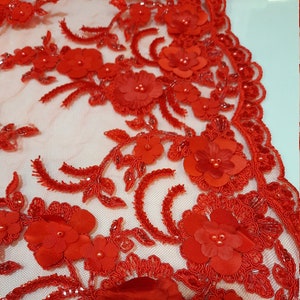 3D Red Flower Beaded Tulle Lace Fabric,Dark Red Floral Pearl Embroidered Lace Fabric For Dress, Illusion Gowns