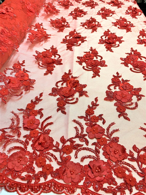 3Dレッドフラワービーズチュールレース生地：刺繍入り花柄パールレース
