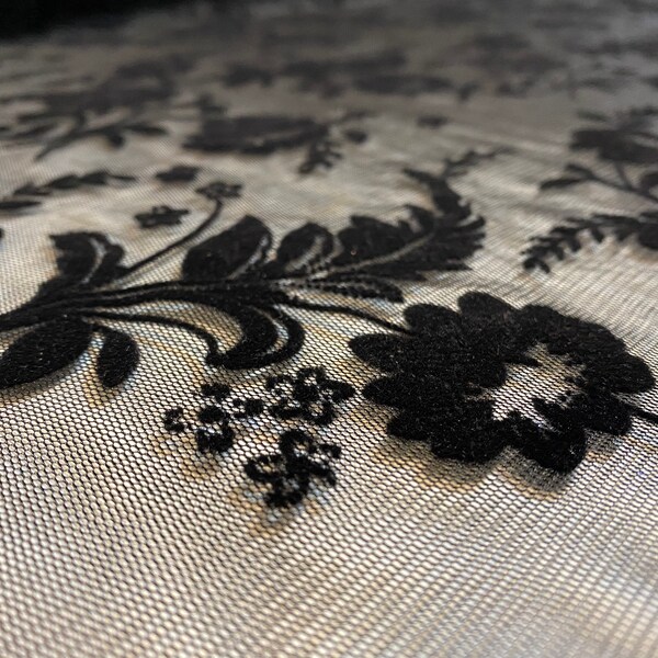 Black Flowers Flocked Embroidered Lace Fabric Tulle Lace by the yard. For Ball Gown,Wedding Dress,Girl Dress, Evening Dress.