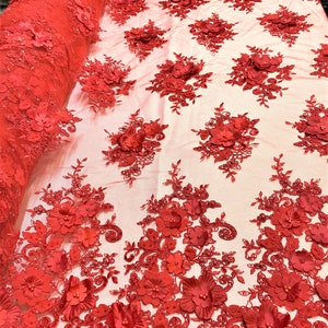 3D Red Flower Beaded Tulle Lace Fabric,Dark Red 3D Floral Sequin Embroidered Lace Fabric By the Yard.Engagament,Graduation,Evening Dress