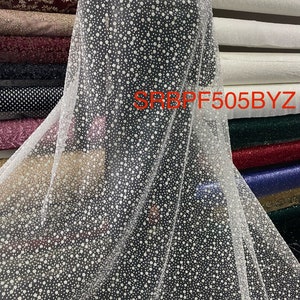Off White Tulle Flower and Dot Embossed Glitter, Floral Embossed Tulle Fabric By the Yard.Graduation,Bridesmaid,Evening,Prom Dress