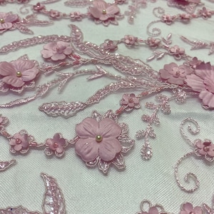 3D Flower Beaded Pink Tulle Lace Fabric: Floral Sequin Embroidery, 2.70 Yards