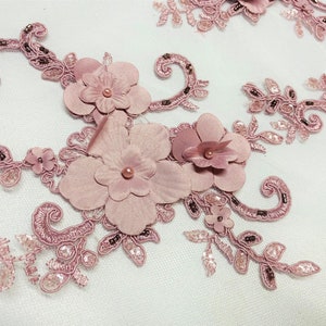 3D Floral Lace Fabric: Dark Pink Rose, Pearls & Sequins