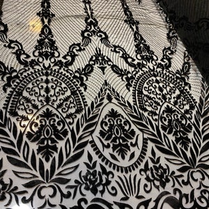 Damask Pattern Black Flocking Black Tulle Fabric Tulle by the yard.Lace for Prom,Party Dress,Girl Dress,Evening Dress