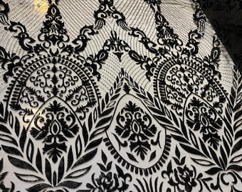 Black Damask Flocked Tulle Fabric: 57-59" Wide, Party Dress Lace