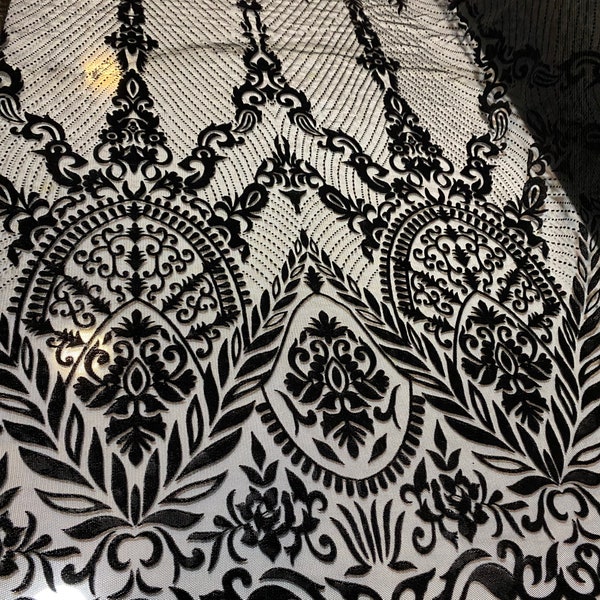 2 mètres motif damassé noir tulle floqué noir Tulle par mètre.Dentelle pour bal de promo, robe de soirée, robe de fille, robe de soirée