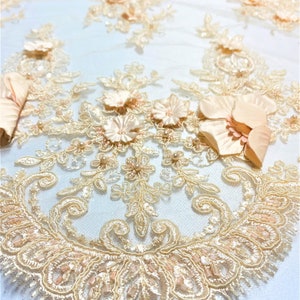 3D Flower Salmon Tulle Lace Fabric: Sequin Pearl Beaded Embroidery
