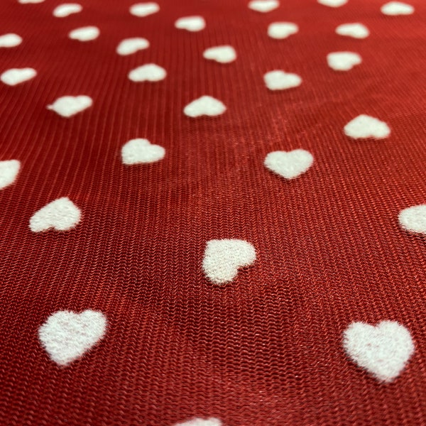 Red Tulle Fabric with White Heart Flock Print.White Heart Print Red Tulle.For Dresses,Valentine's Day Costume and Valentine Day Decor