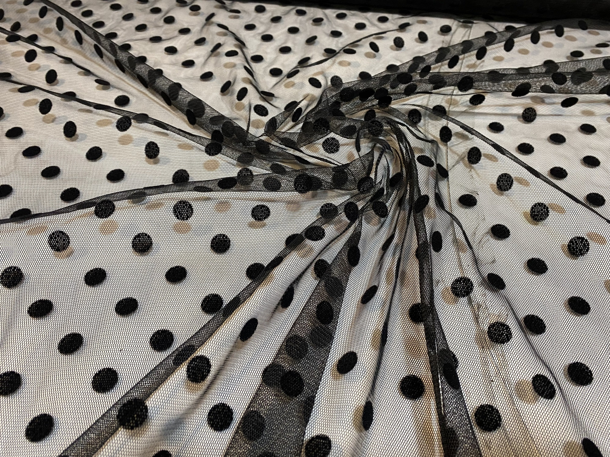 Black Polka Dot Flocked Tulle Fabric: 57-59