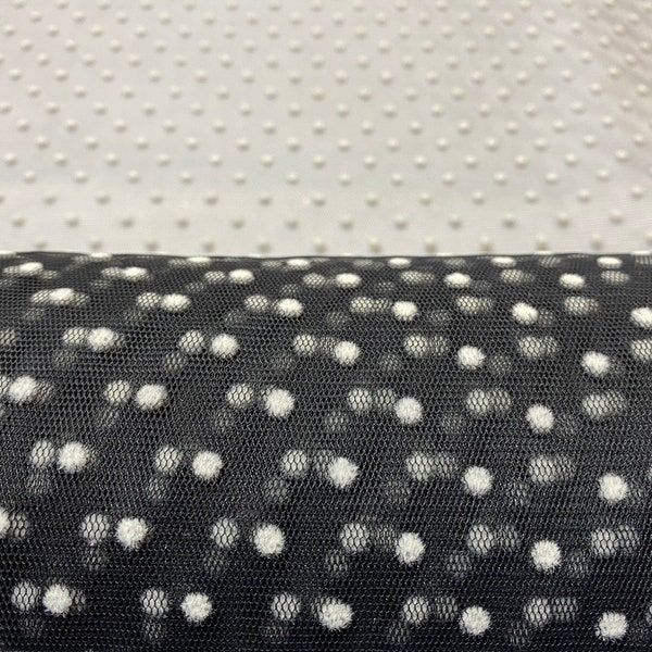 White Polka Dots Black Tulle Fabric. Black Tulle Fabric with White Flocking Dots.For Dresses, Skirts, Decoration, Evening Dress,