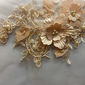 3D Floral Lace Fabric: Sequin Pearl Bead Embroidered Champagne Tulle